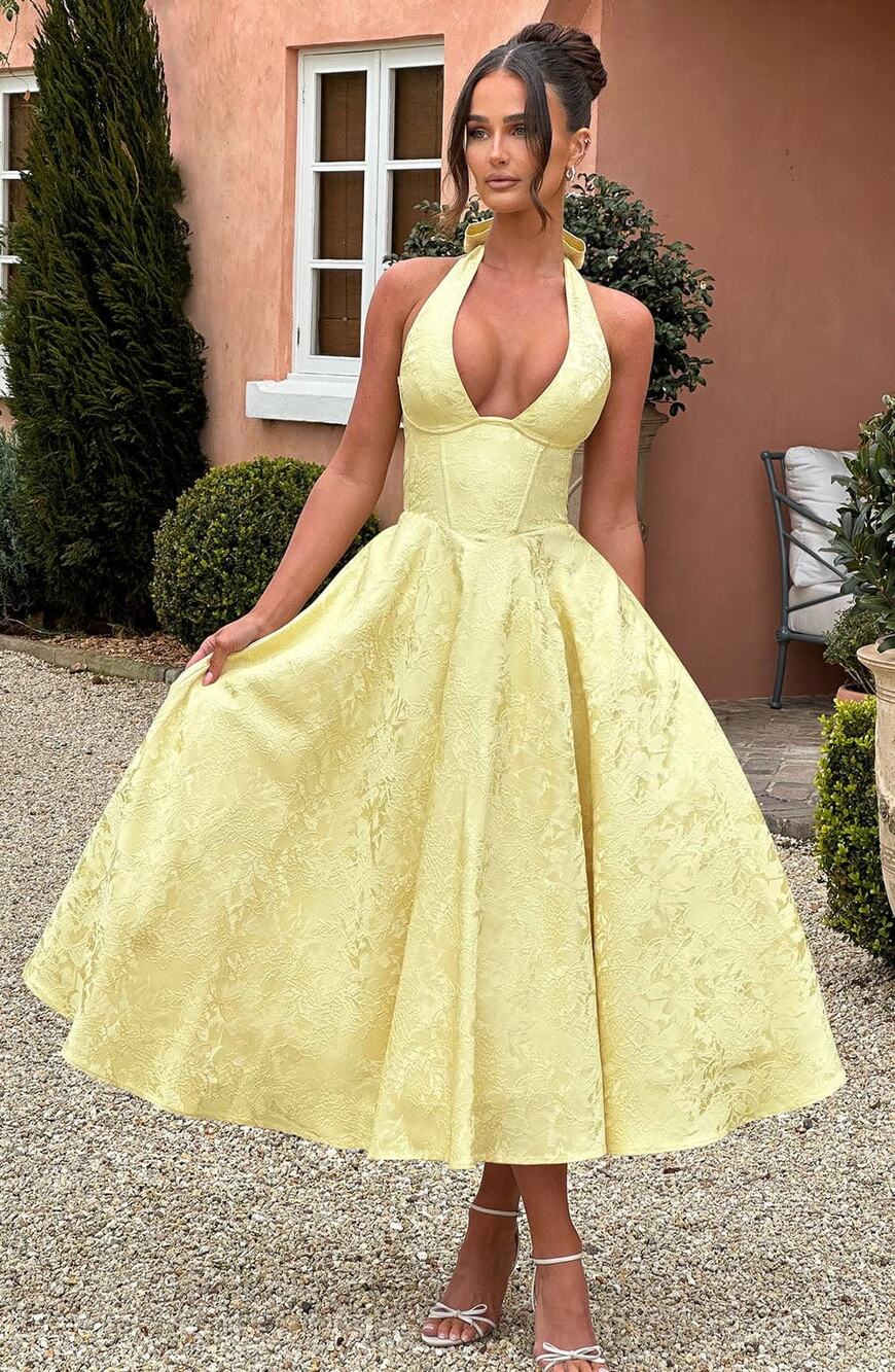 NWT Babyboo Effie Lemon Yellow Floral Jacquard Halter A-Line Midi Dress Size S